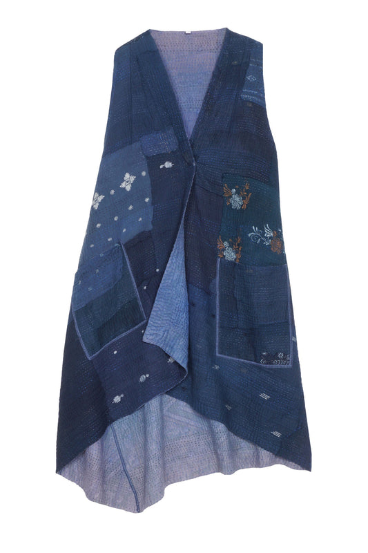 INDIGO WHITE FRAYED PATCH KANTHA WRAP VEST - iw4213-nvy -