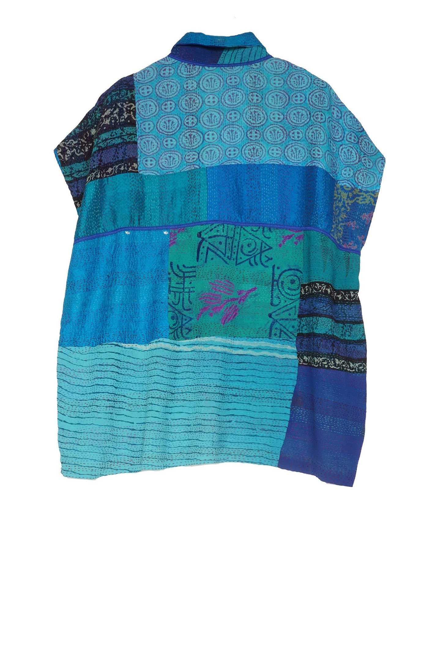 GEORGETTE VINTAGE SILK PATCH KANTHA CAP SLV. SHIRT - gs2530-blu -