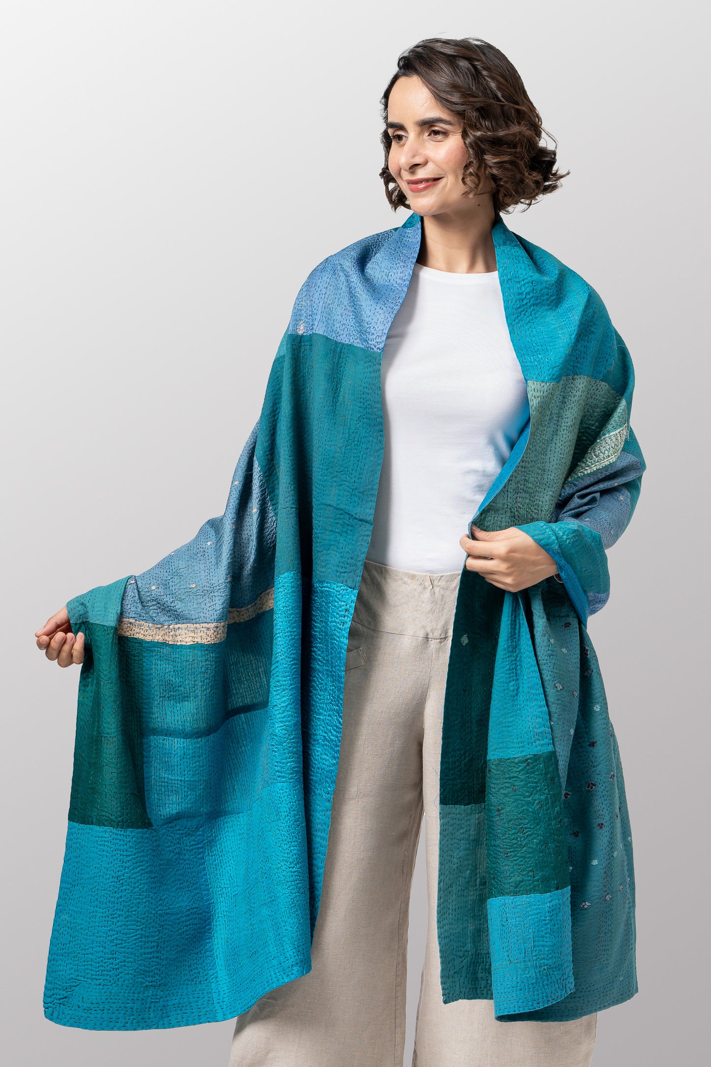 COTTON SILK SW PATCH KANTHA SHAWL LARGE - ws2803-tuq -