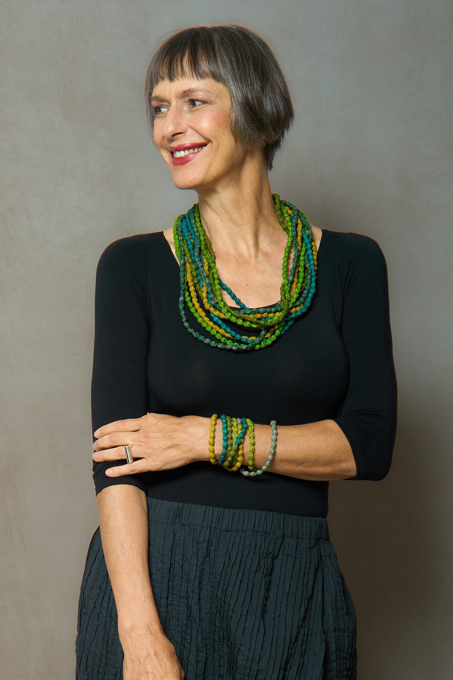 VINTAGE SILK KANTHA 5 STRAND NECKLACE - sv2730-grn -