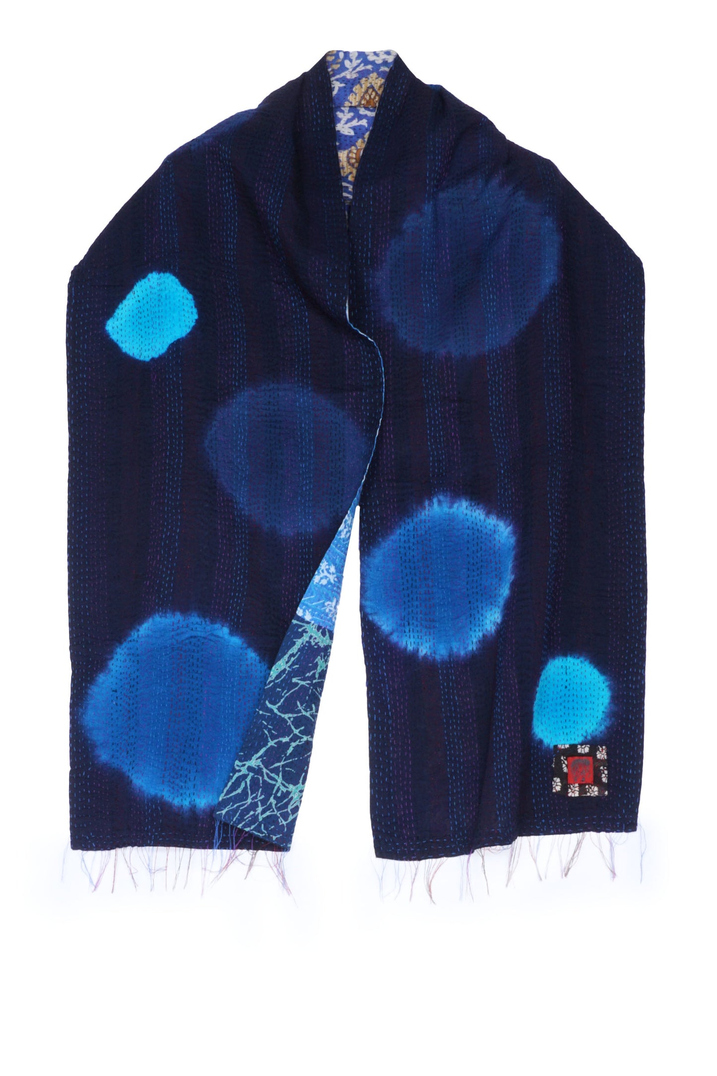 PATCH & CIRCLE PRINT KANTHA SCARF SHORT - pc2805-blu -
