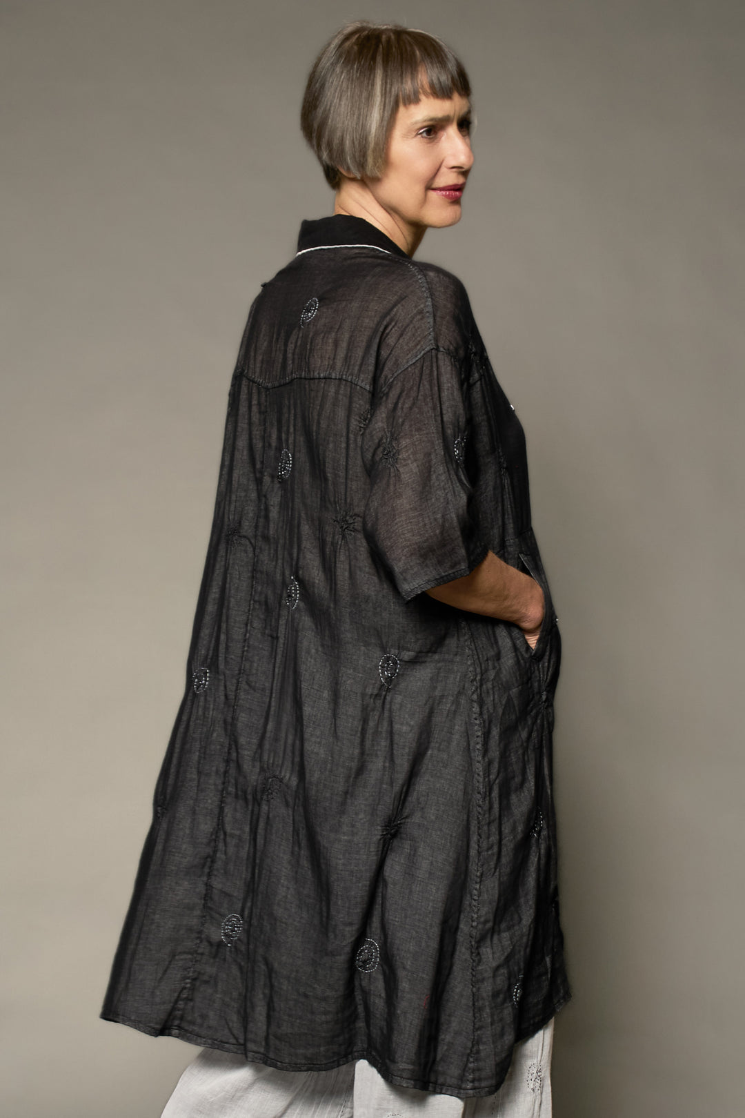 GAUZE SHIBORIGARMENT KANTHA 3/4 SLV. SHIRT DRESS - gg2464-blk -
