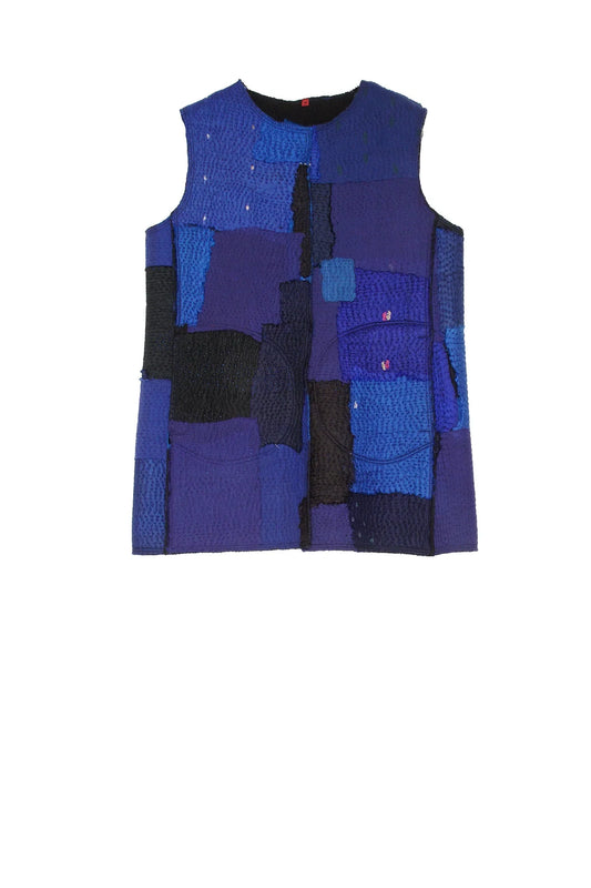 BOILED WOOL KANTHA CREW NECK FITTED VEST MEDIUM - wb2233-blu -