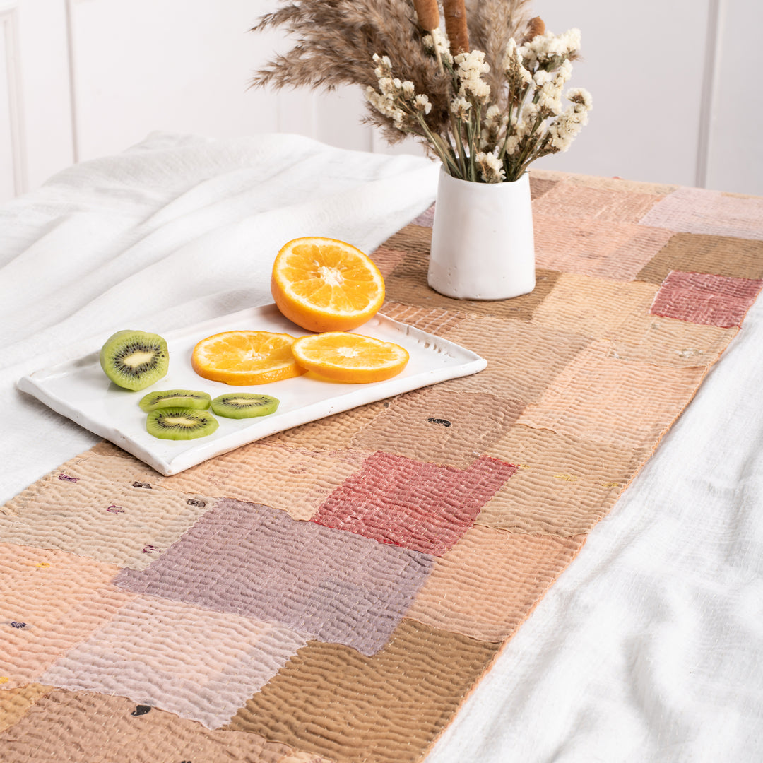 Mosaic Fray Patch vintage Kantha Table Runner - Mushroom
