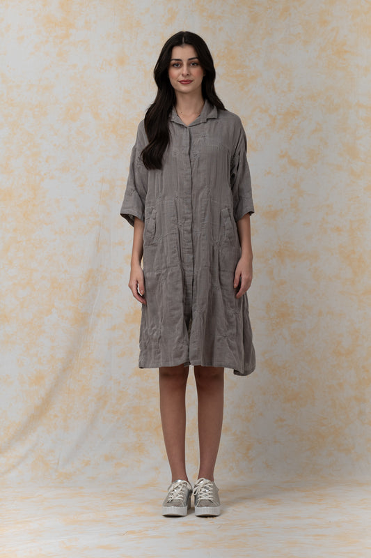 GARMENT SPIRAL KANTHA VOILE -3/4 SLV. SHIRT DRESS - bl-gg2459-gry-