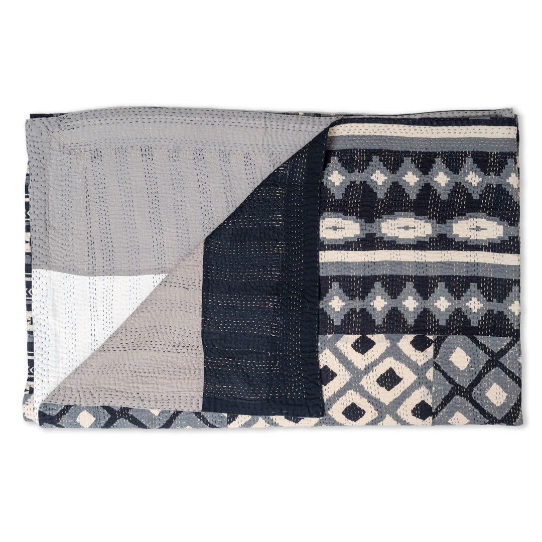 Monotone Ikat Handmade Vintage Kantha Throw - Black