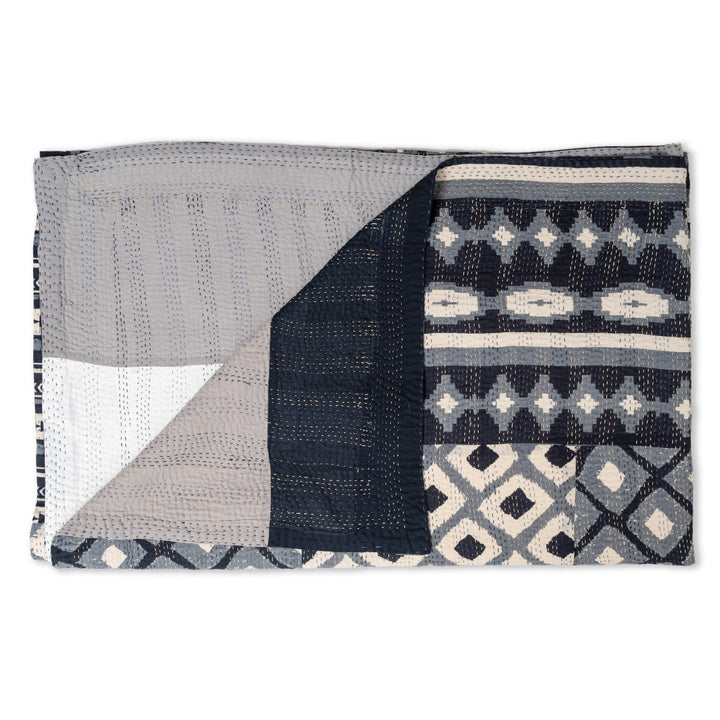 Monotone Ikat Handmade Vintage Kantha Throw - Black