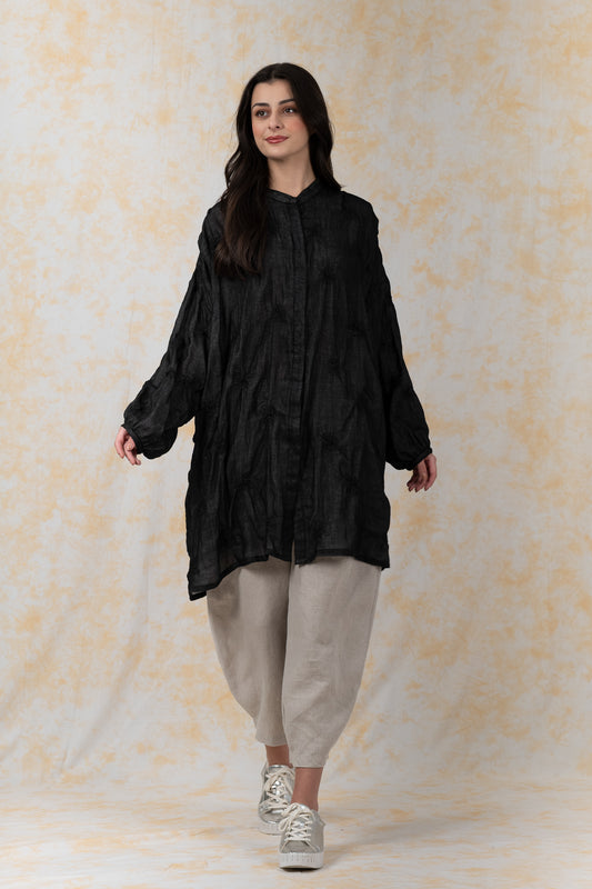 GAUZE SHIBORI GARMENT KANTHA BAND COLLAR OVERSIZED SHIRT - bl-gg2587-blk -
