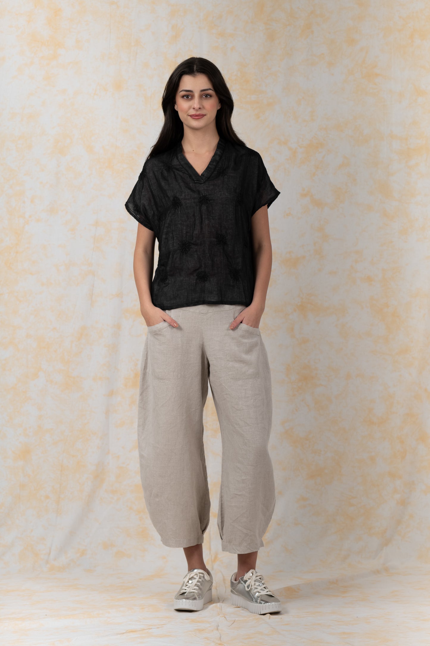 GARMENT SPIRAL KANTHA VOILE -V-NECK BINDING COLLAR TOP - bl-gg2589-blk-