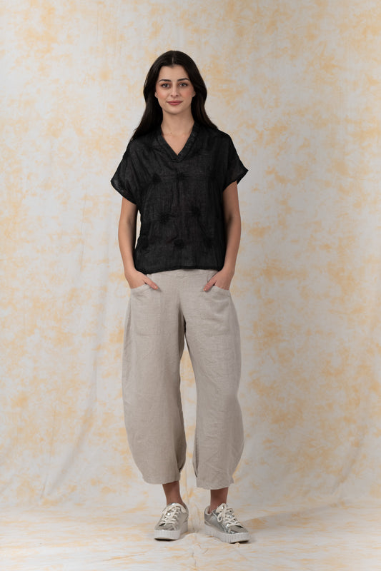 GARMENT SPIRAL KANTHA VOILE -V-NECK BINDING COLLAR TOP - bl-gg2589-blk-
