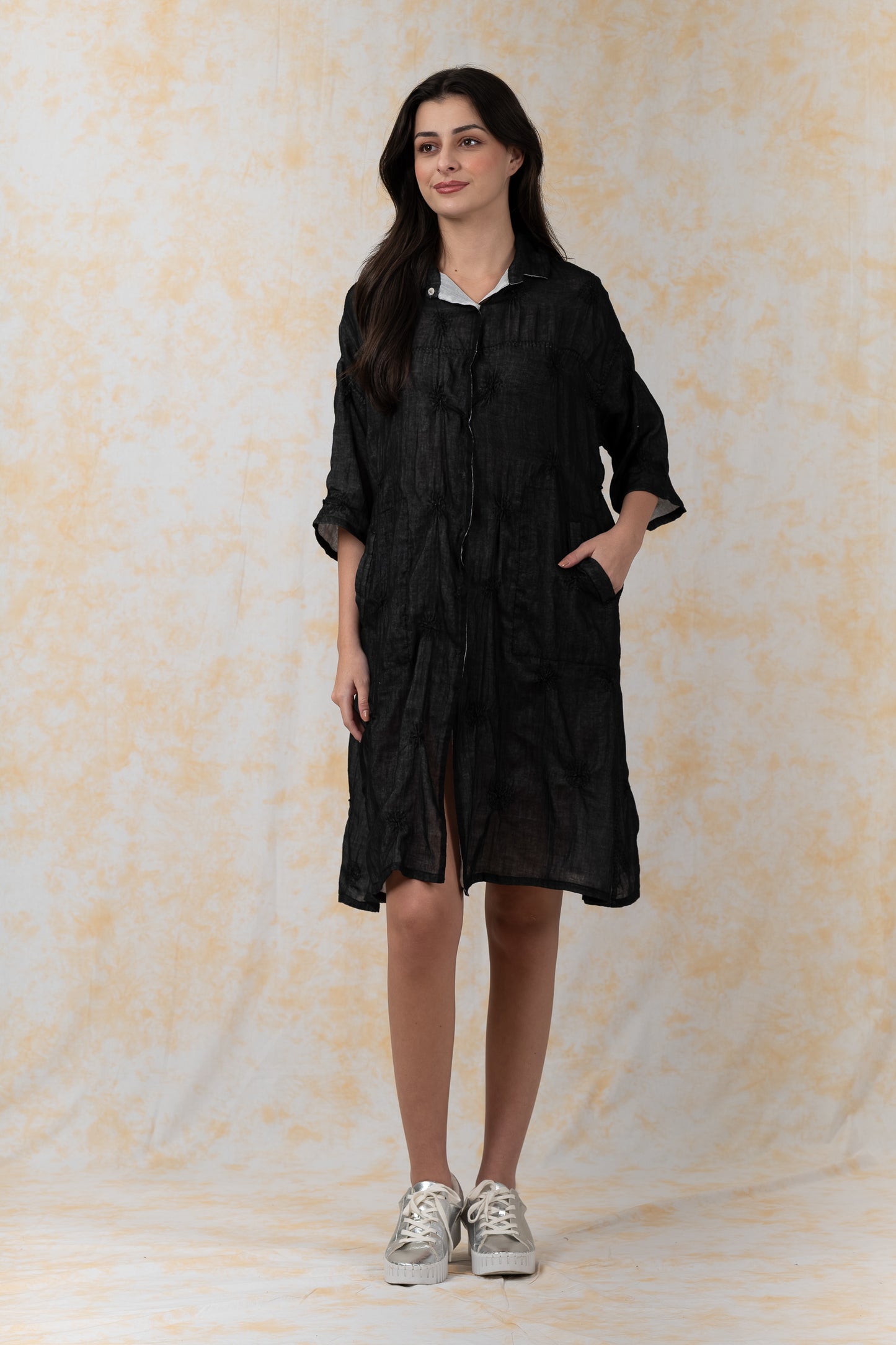 GARMENT SPIRAL KANTHA VOILE -3/4 SLV. SHIRT DRESS - bl-gg2459-blk-