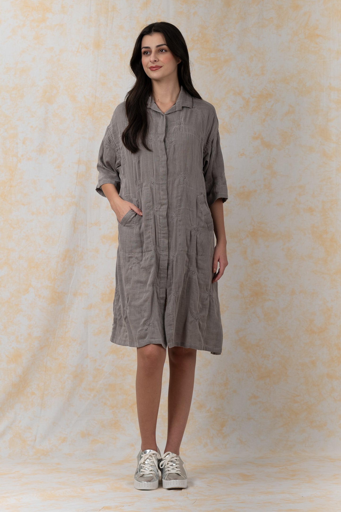 GARMENT SPIRAL KANTHA VOILE -3/4 SLV. SHIRT DRESS - bl-gg2459-gry-