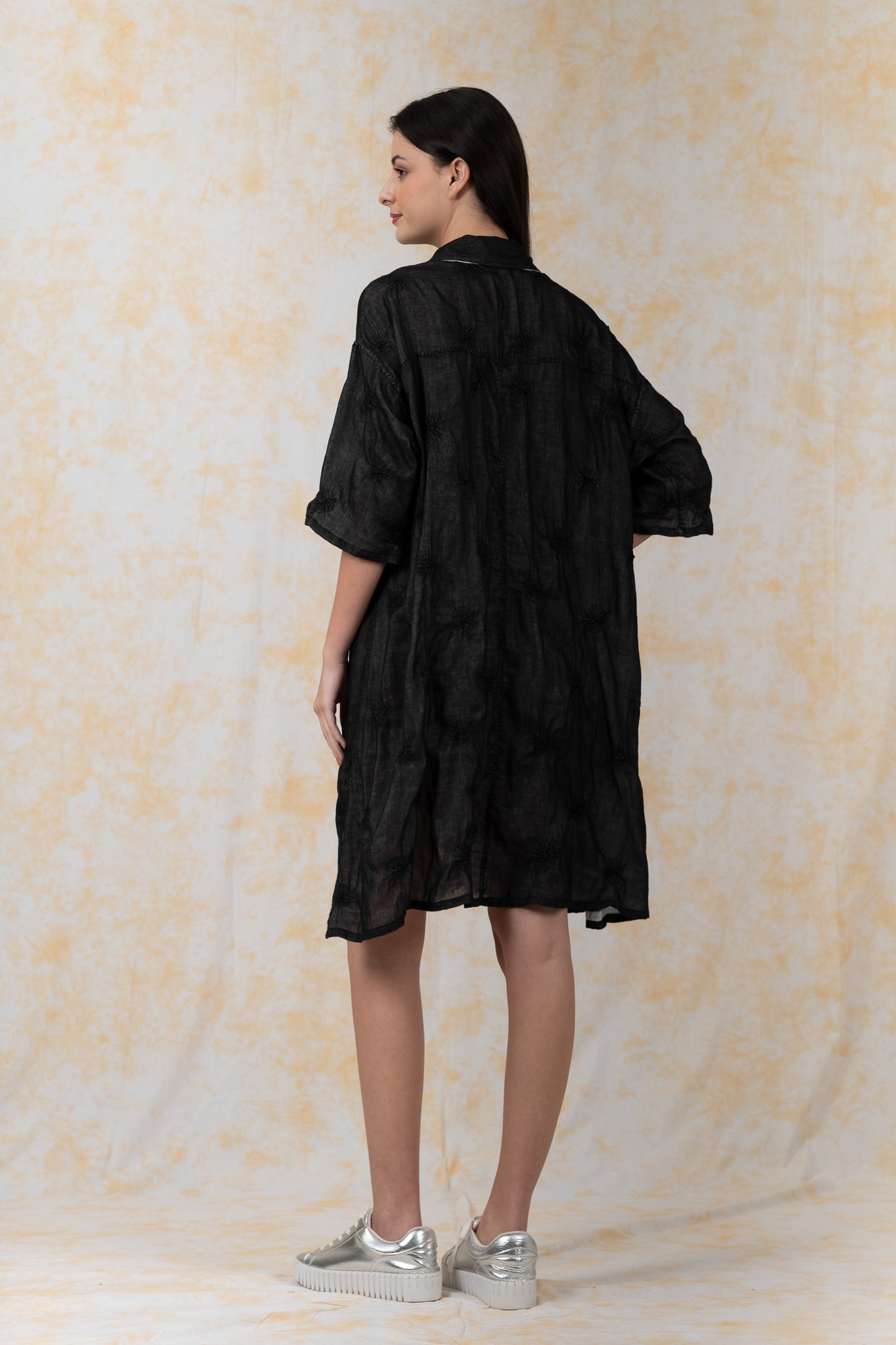 GARMENT SPIRAL KANTHA VOILE -3/4 SLV. SHIRT DRESS - bl-gg2459-blk-
