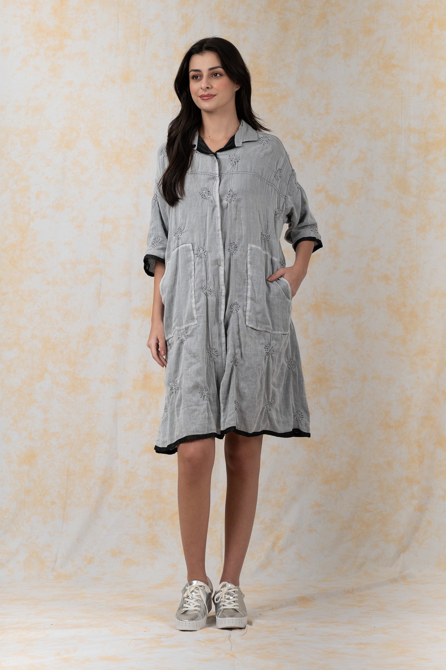 GARMENT SPIRAL KANTHA VOILE -3/4 SLV. SHIRT DRESS - bl-gg2459-blk-
