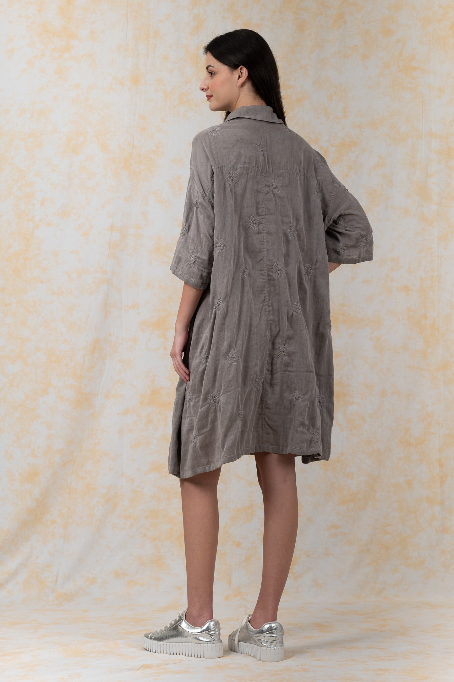 GARMENT SPIRAL KANTHA VOILE -3/4 SLV. SHIRT DRESS - bl-gg2459-gry-