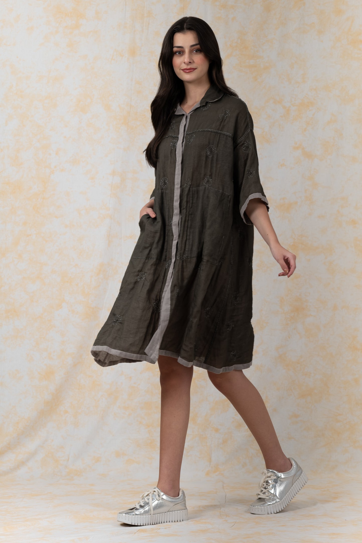 GARMENT SPIRAL KANTHA VOILE -3/4 SLV. SHIRT DRESS - bl-gg2459-gry-