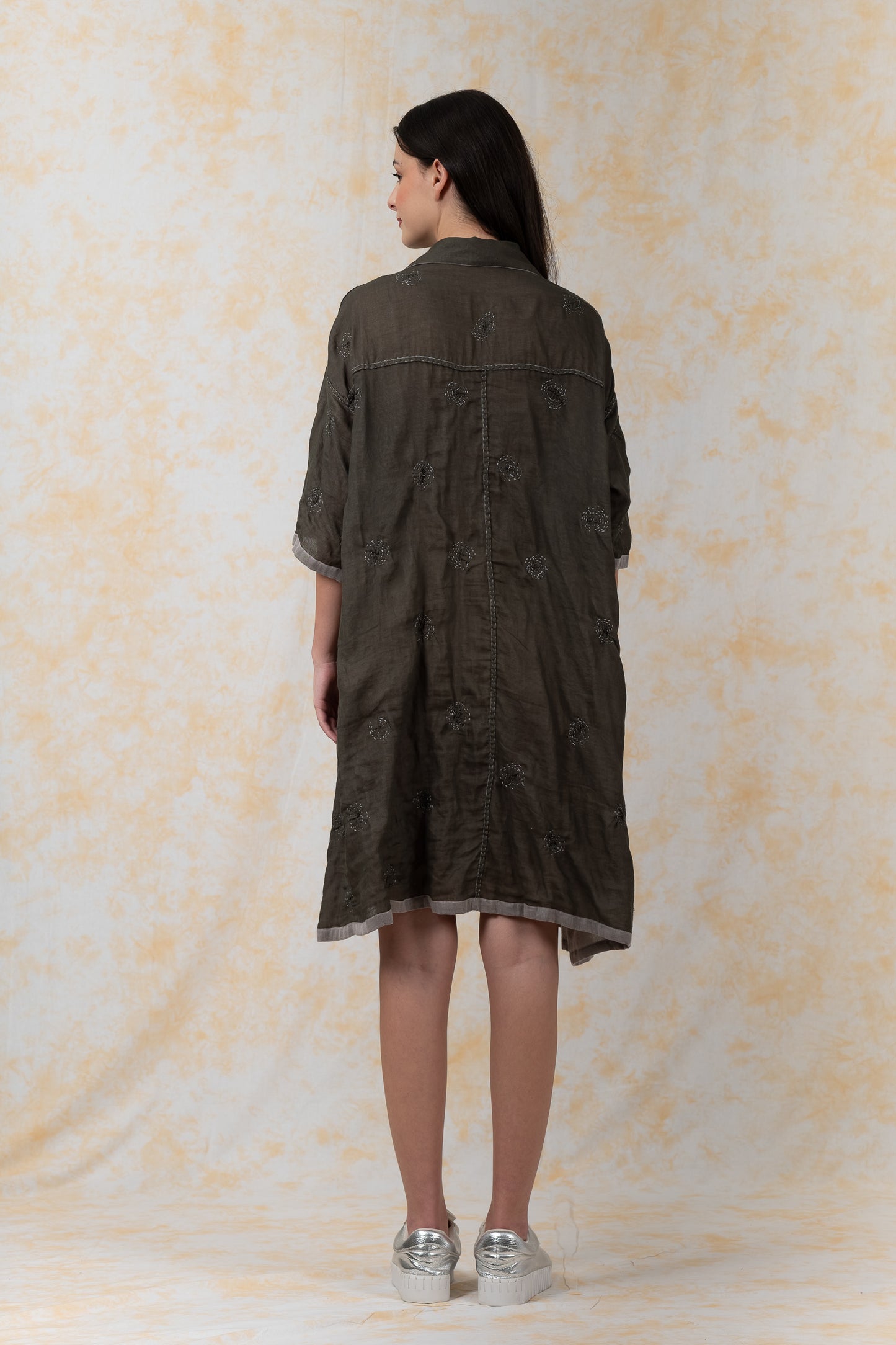 GARMENT SPIRAL KANTHA VOILE -3/4 SLV. SHIRT DRESS - bl-gg2459-gry-