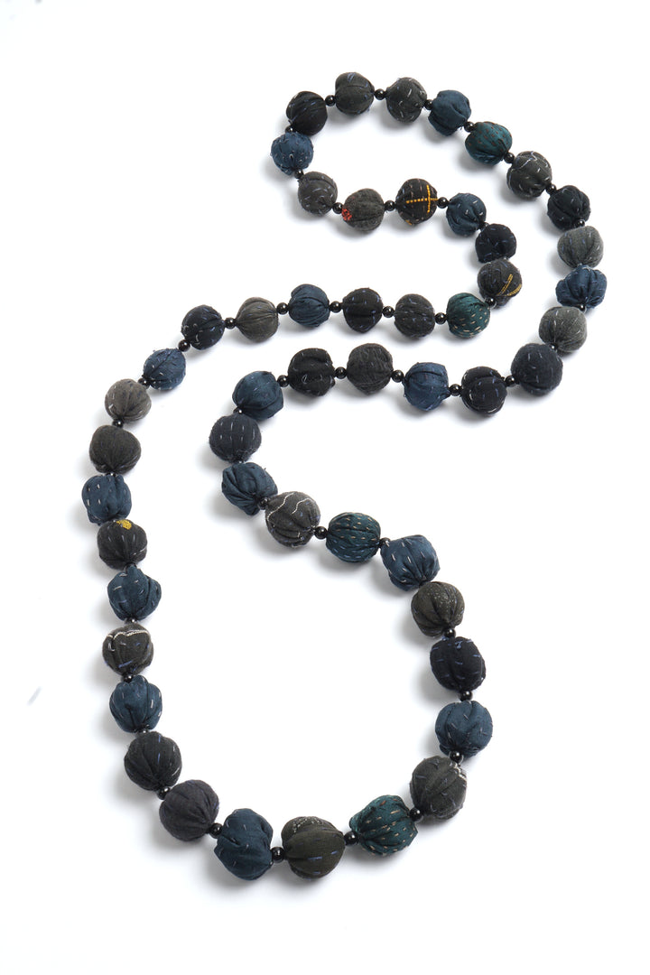COTTON SILK SW PATCH KANTHA SMALL NUTS LONG NECKLACE - ws2706-blk -