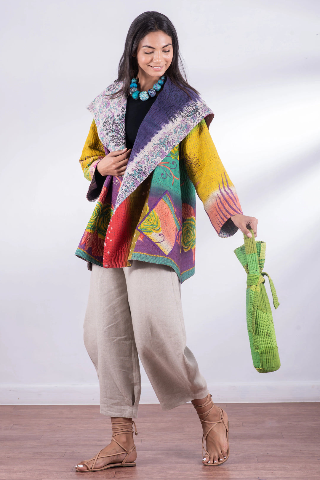 Mosaic Fray Handmade Vintage Kantha Wine Bag -Lime Green
