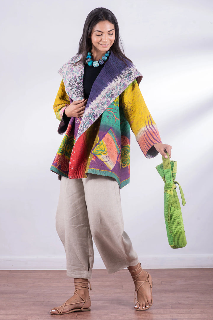 Mosaic Fray Handmade Vintage Kantha Wine Bag -Lime Green