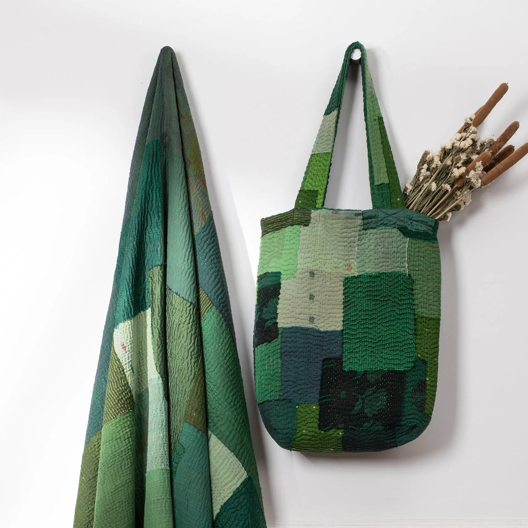Landscape Handmade Vintage Kantha Tote Bag -Green