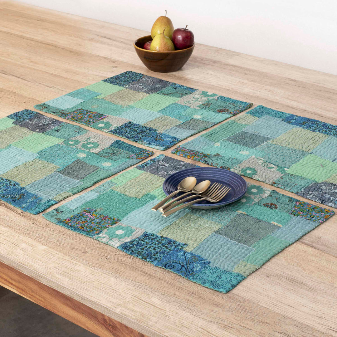 Printed Fray Vintage Cotton Kantha Placemat -Sage (Set of 2)