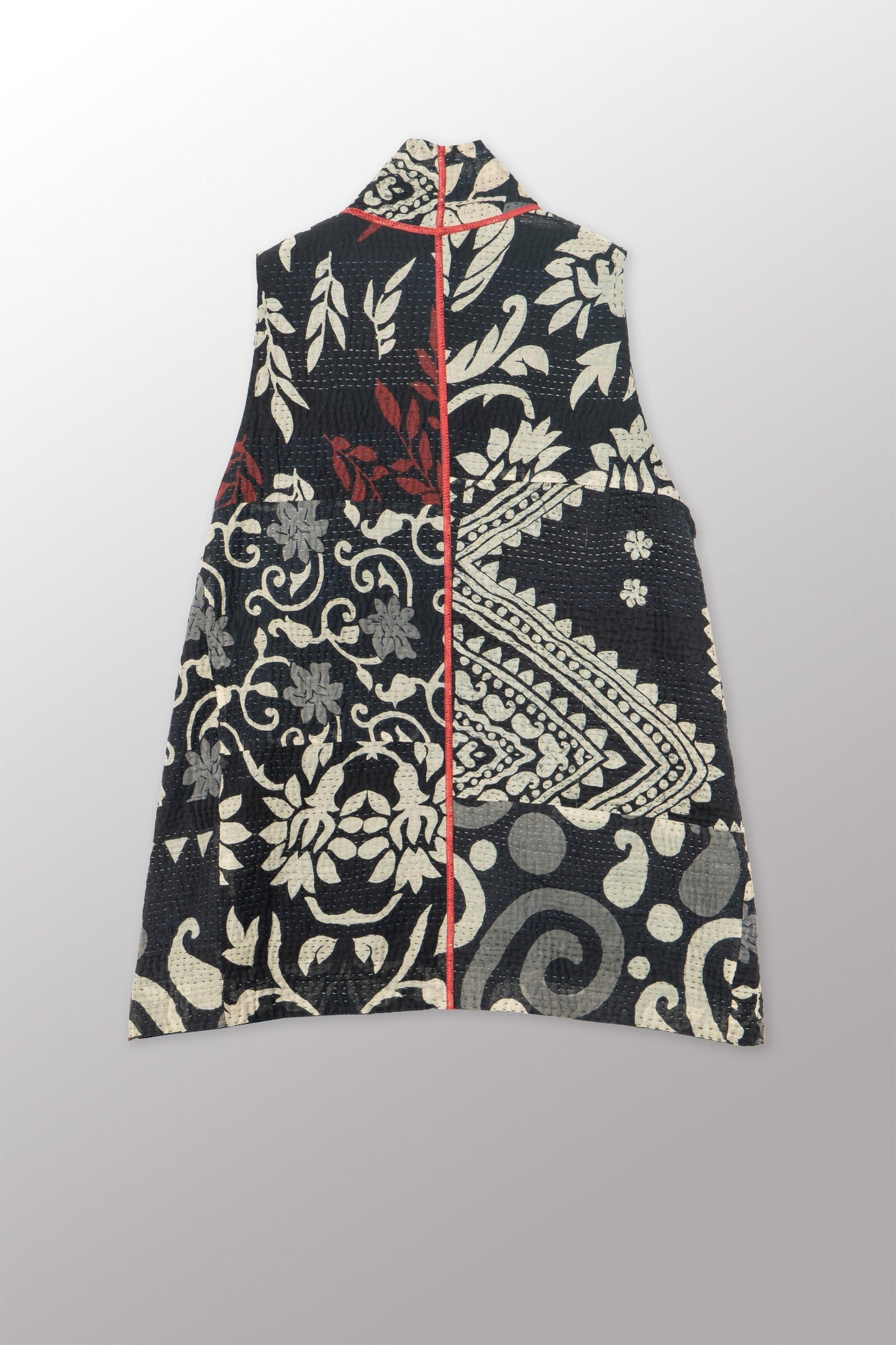 BLACK AND WHITE PRINT PATCH KANTHA KIMONO VEST SHORT - pn4248-red -