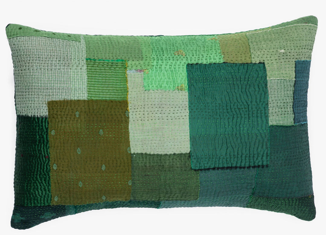 Landscape Fray Path vintage Kantha Pillow - Green
