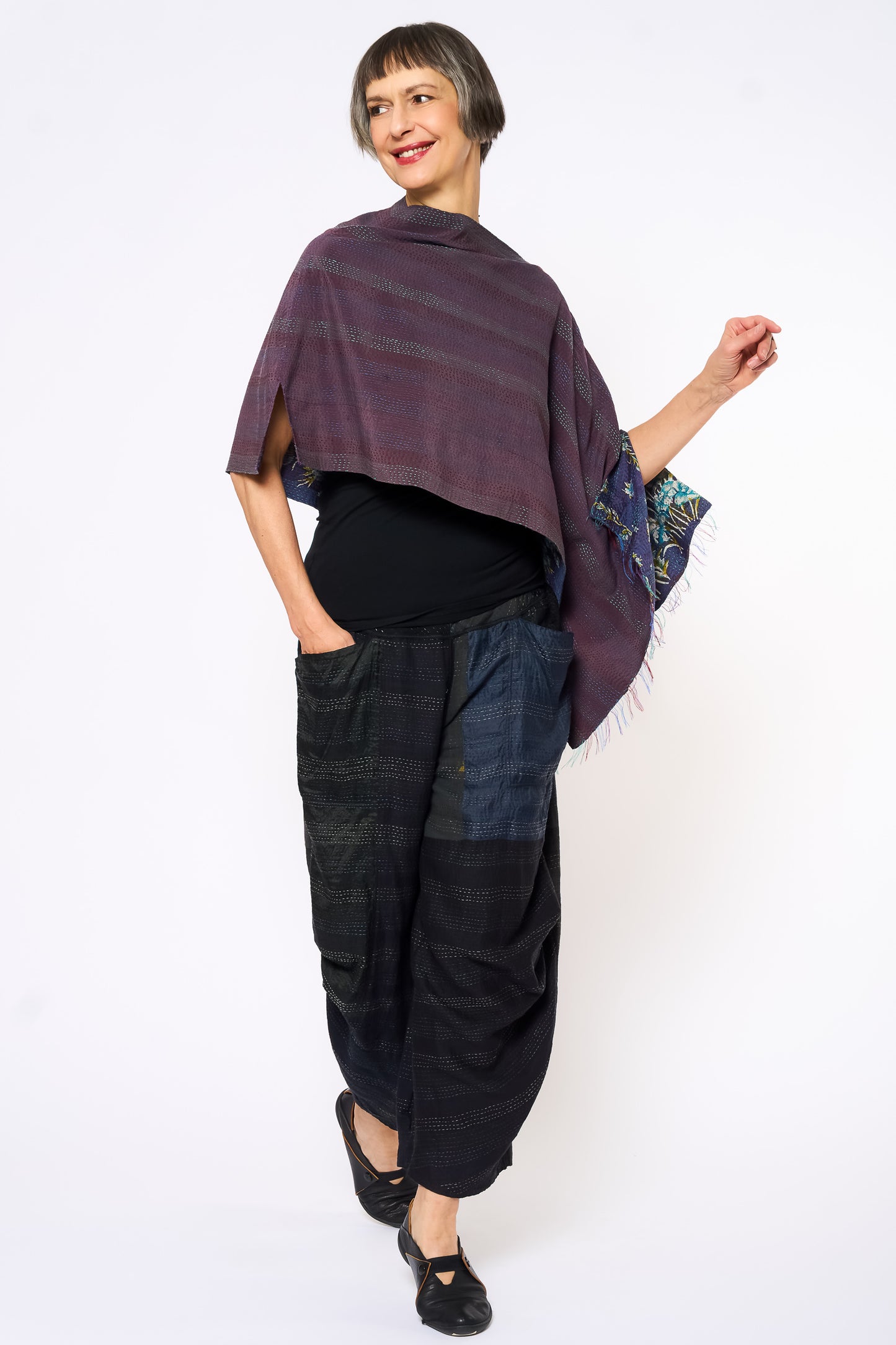 VINTAGE SILK GEORGETTE KANTHA CAPE - sg2806-mlt -