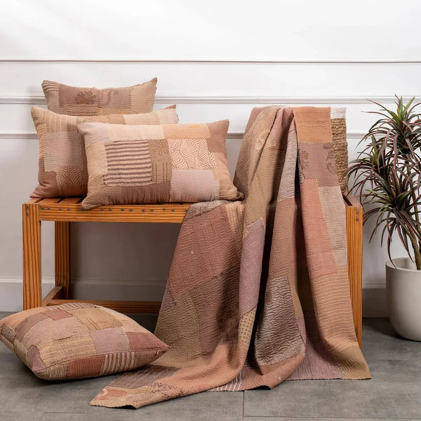 Mosaic Fray Handmade Vintage Kantha Quilts -Mushroom