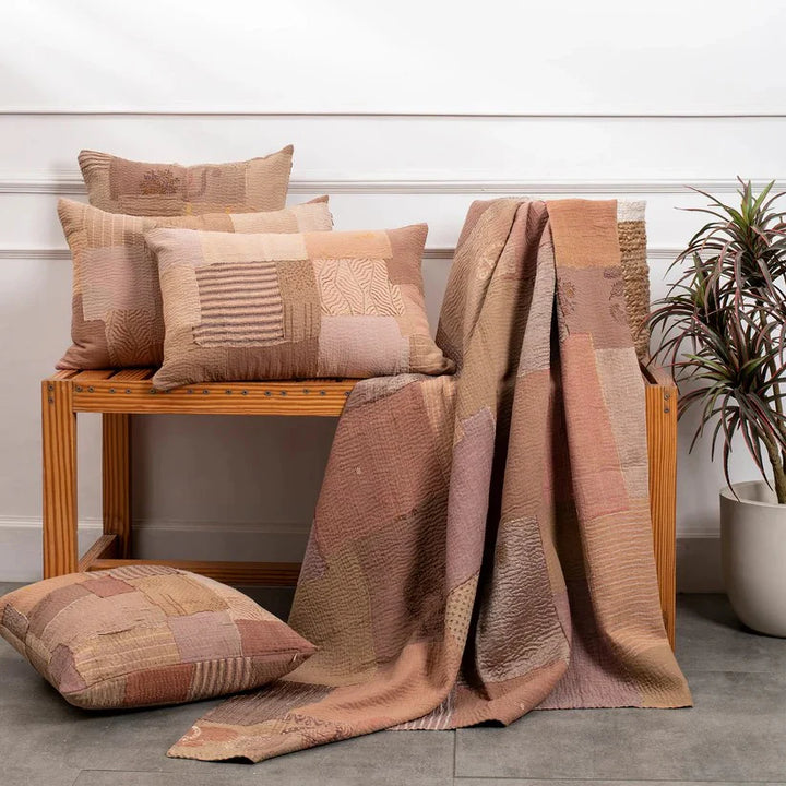 Mosaic Fray Handmade Vintage Kantha Quilts -Mushroom
