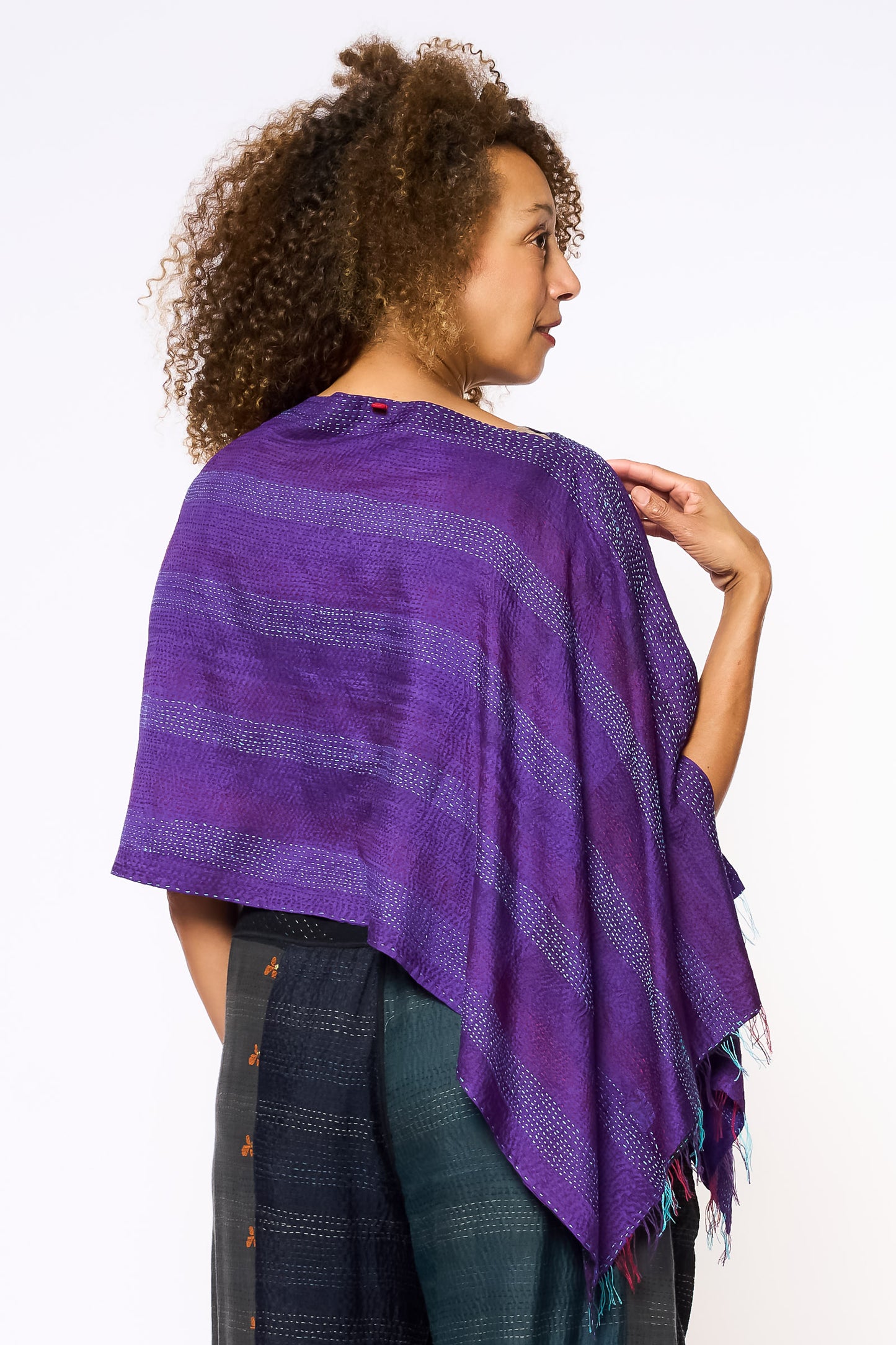 VINTAGE SILK KANTHA LONG CAPE - sv2841-mlt -