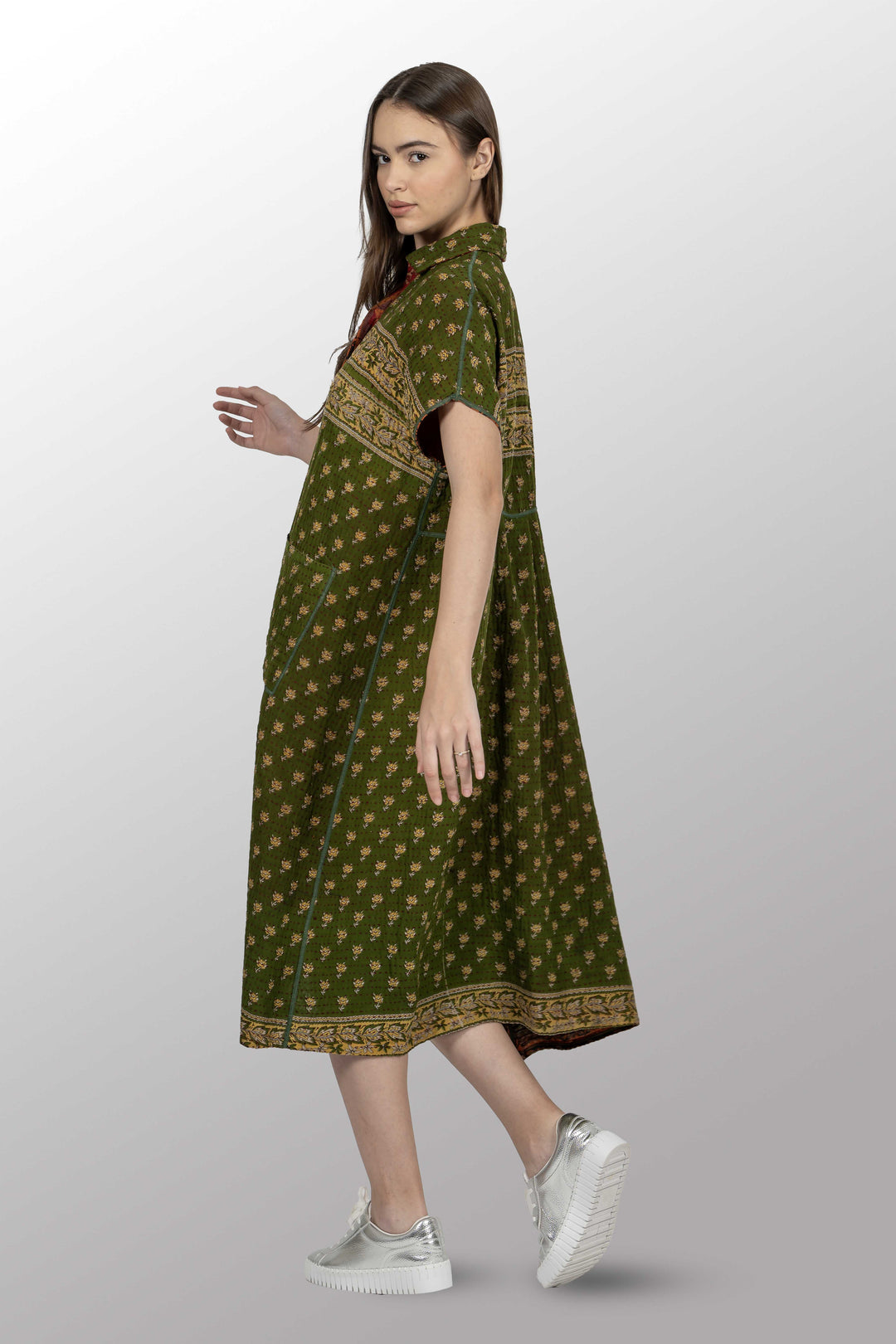 ROBE VINTAGE EN COTON BBK KANTHA AVEC COL ET MANCHES FRANÇAISES - bl-bb2458-0001s -