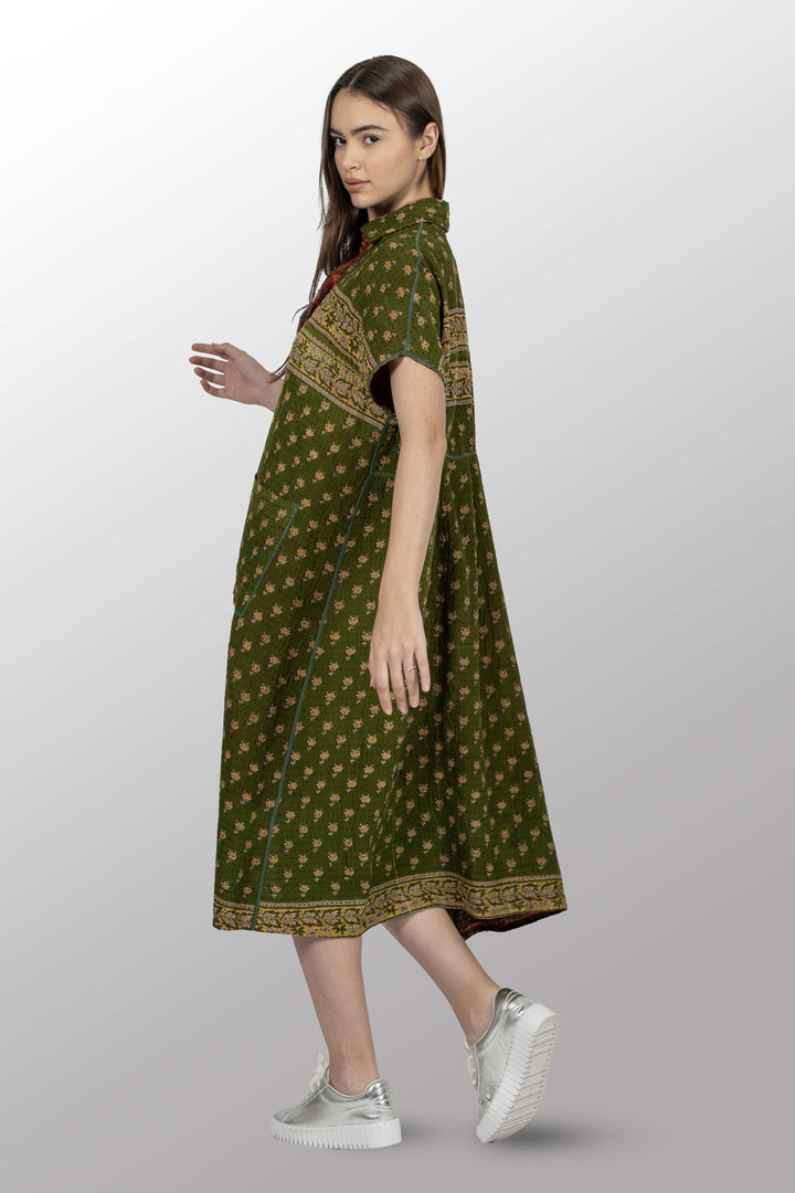 ROBE VINTAGE EN COTON BBK KANTHA AVEC COL ET MANCHES FRANÇAISES - bl-bb2458-0001s -