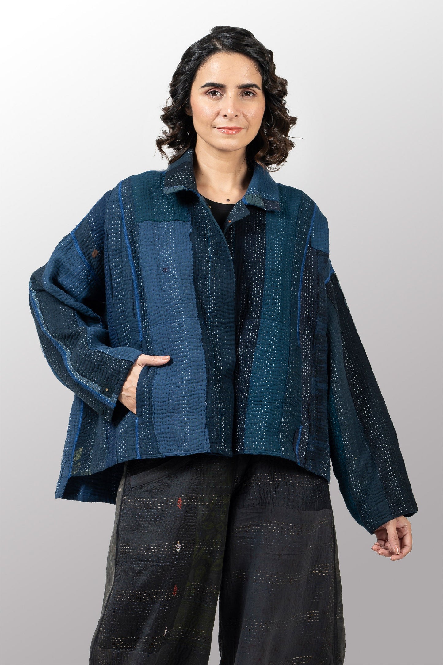 COTTON STRIPE PATCH KANTHA CROPPED SHIRT JACKET - cs4075-nvy -