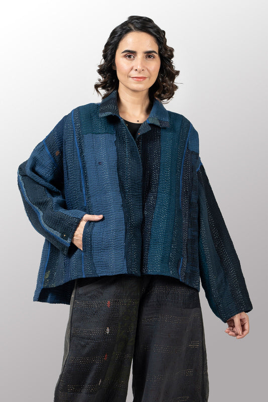 COTTON STRIPE PATCH KANTHA CROPPED SHIRT JACKET - cs4075-nvy -