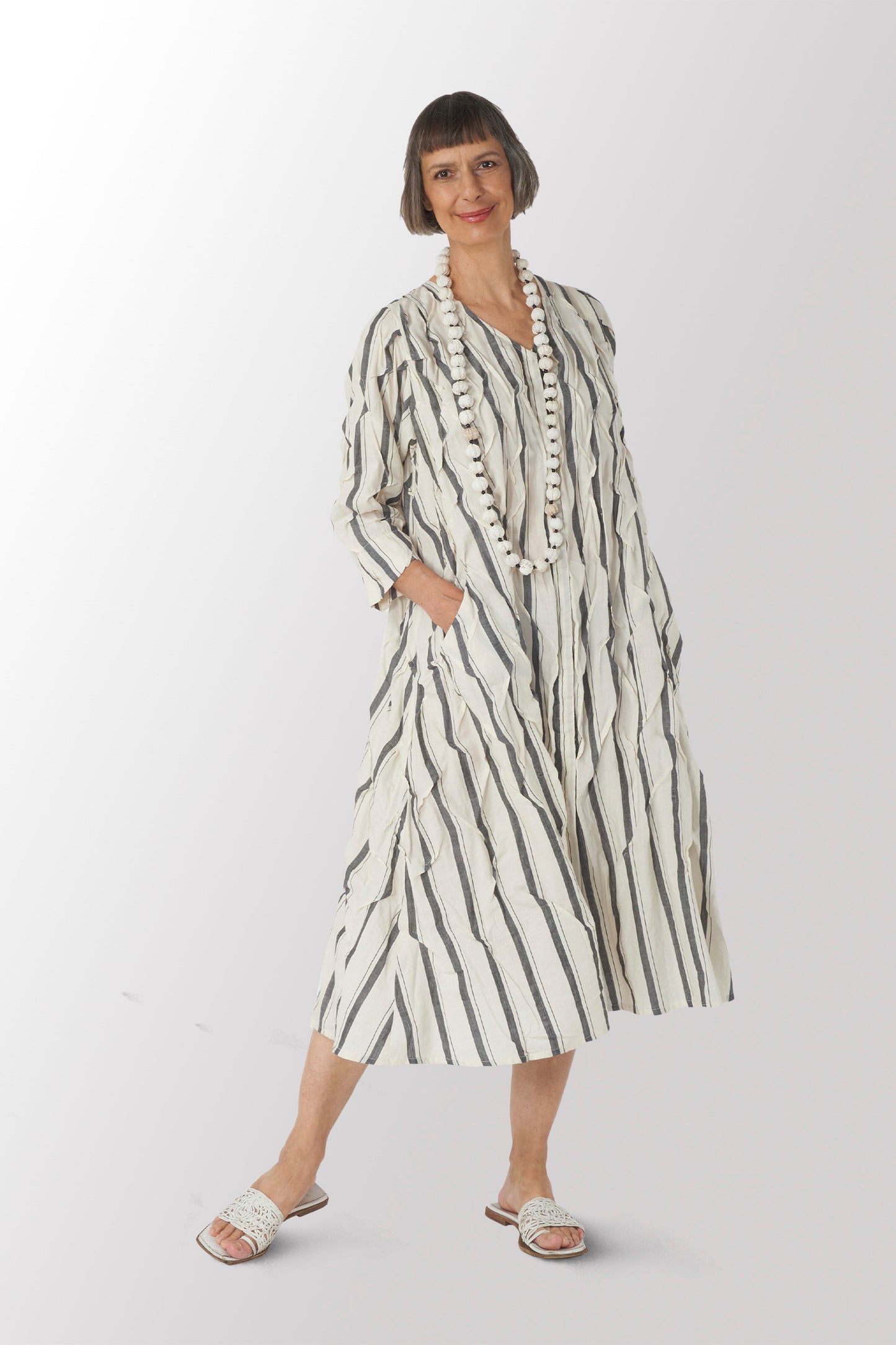 WOVEN DOUBLE STRIPES COTTON WAVY TUCK DUSTER