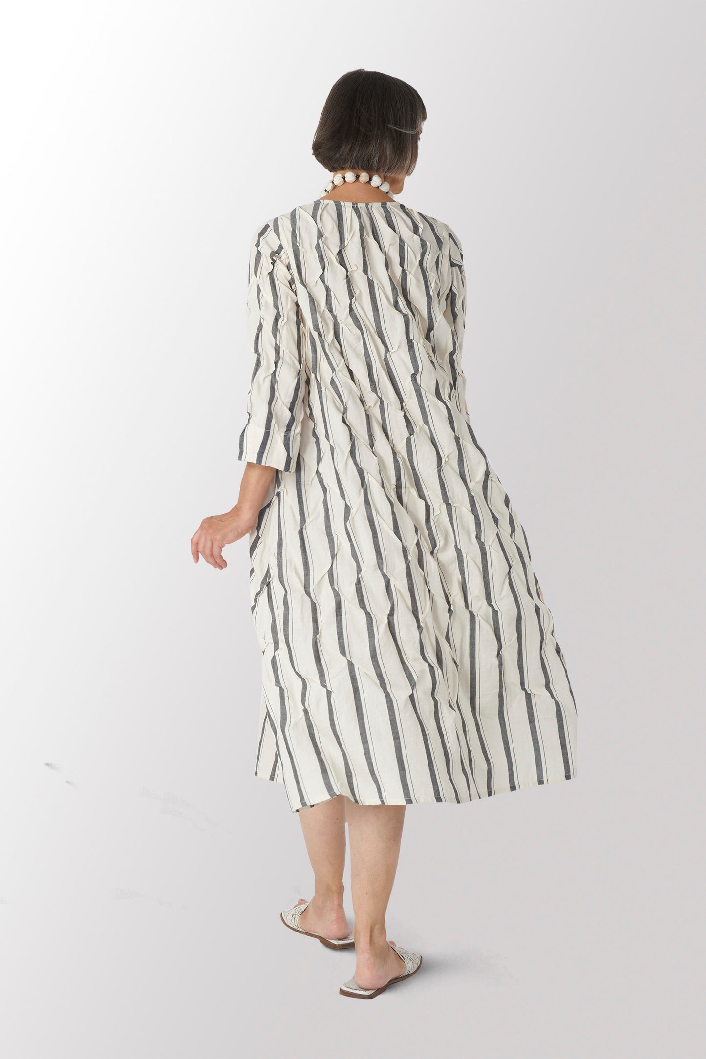 WOVEN DOUBLE STRIPES COTTON WAVY TUCK A-LINE DRESS - wd1453-ivy -