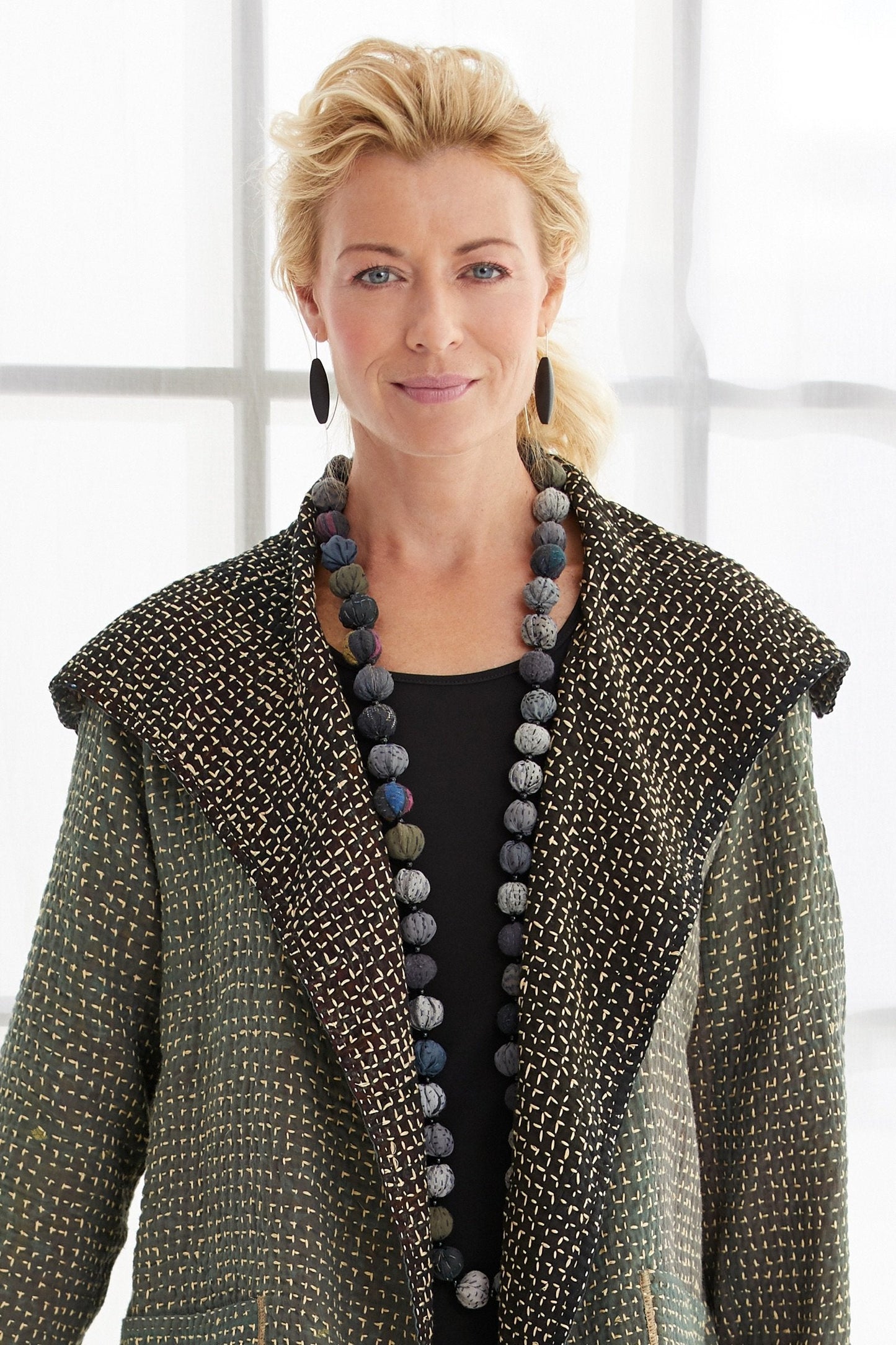 COTTON SILK SW PATCH KANTHA SMALL NUTS LONG NECKLACE - ws2706-gry -