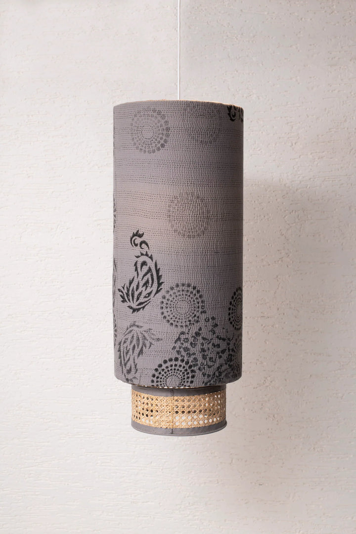 Kimono Cotton Kantha Hanging Lamp -Gray