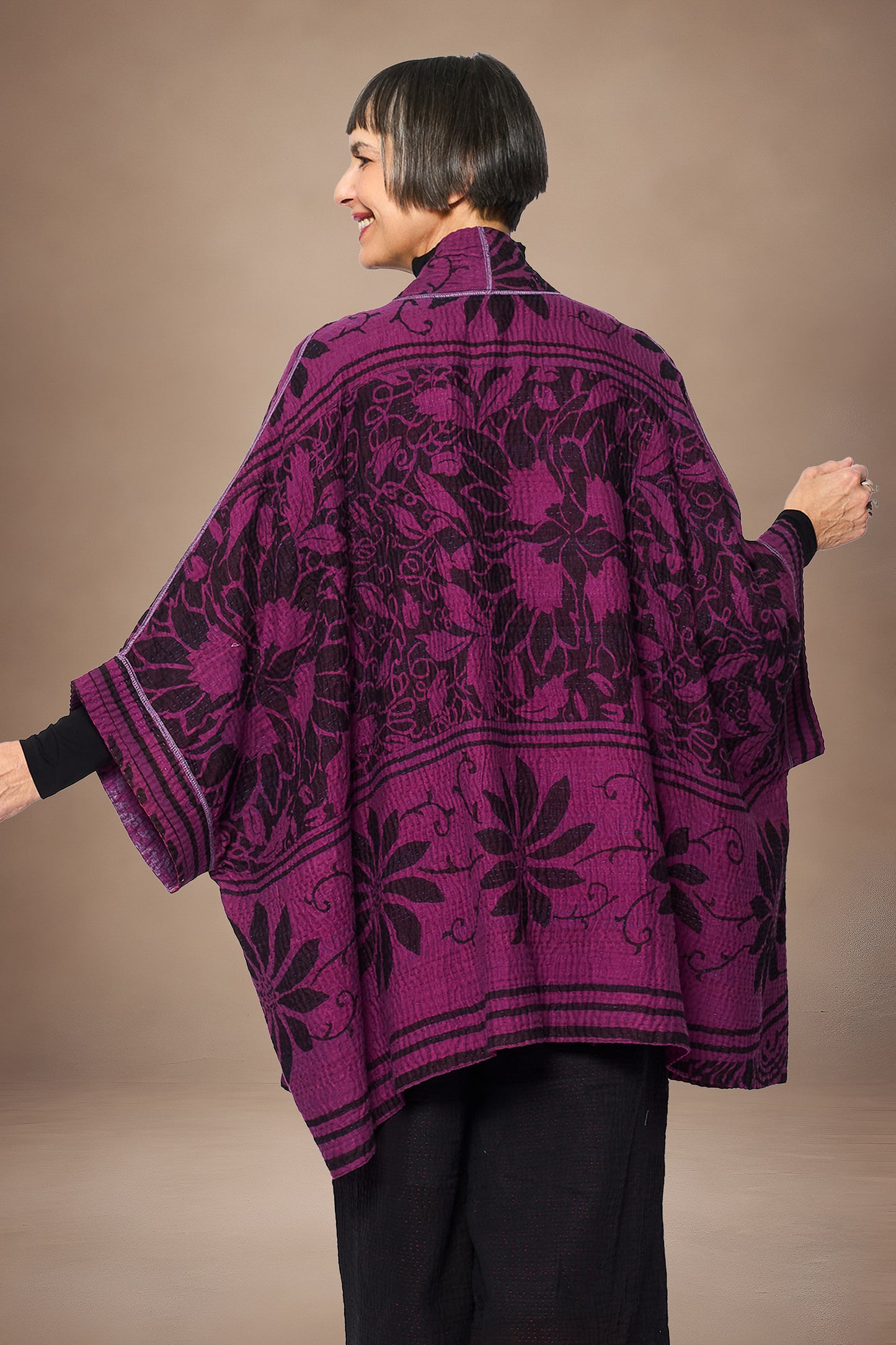 AMETHYST COTTON SILK KANTHA DOUBLE COLLAR PONCHO - oc4323-prp -