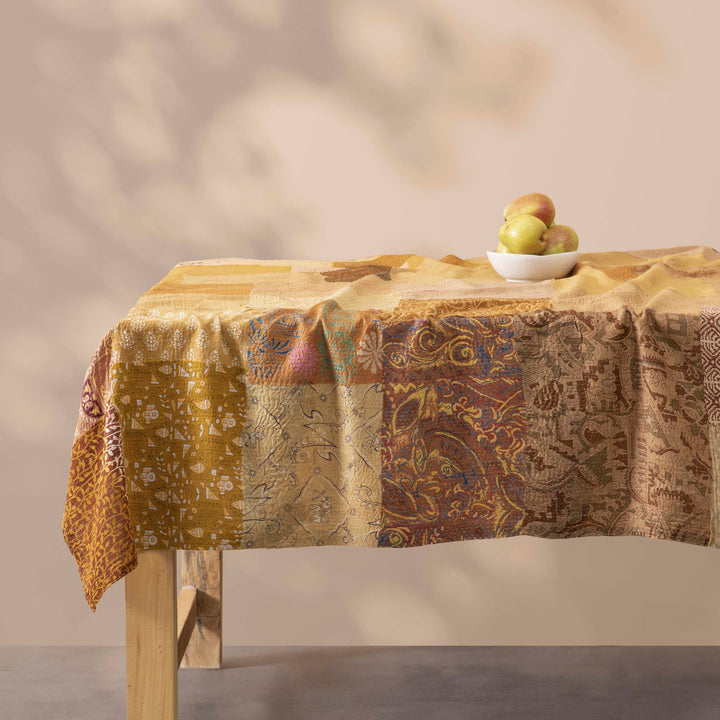 Printed Fray Patch  Vintage Cotton Kantha Table Cover  -Golden