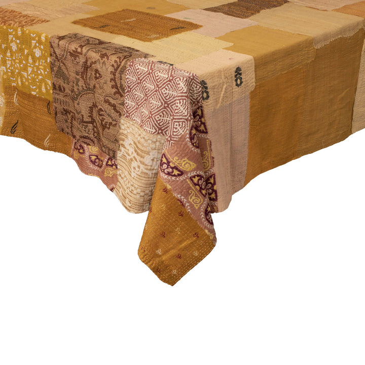 Printed Fray Patch  Vintage Cotton Kantha Table Cover  -Golden