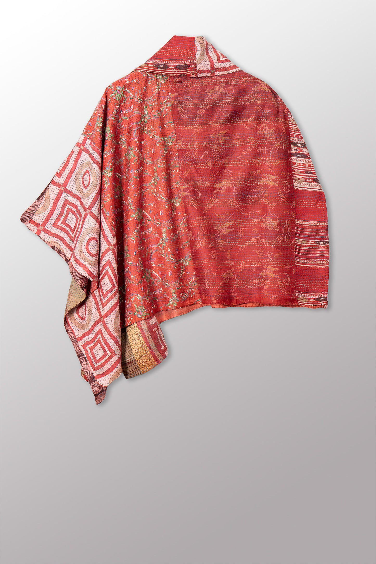 VINTAGE SILK KANTHA COWL NECK LONG CAPE - sv2842-0011a -