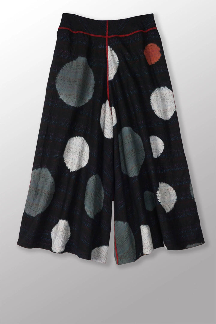PATCH &amp; CIRCLE PRINT KANTHA WIDE LEG PANTS - pc2623-blk -