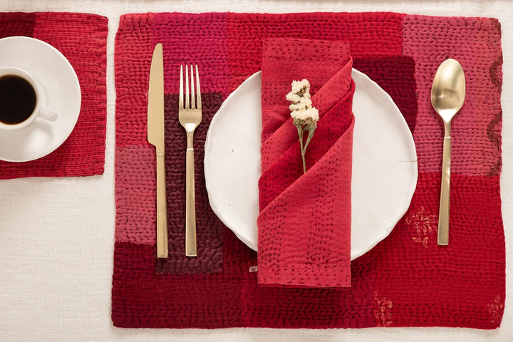 Landscape Fray Patch  Kantha Placemat - Red (Set of 2)