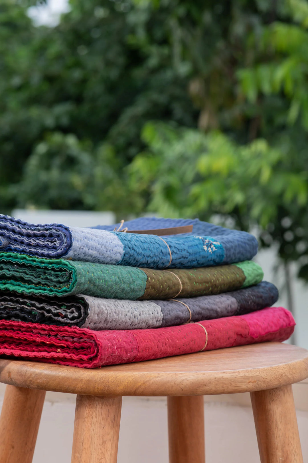 Landscape Fray Patch  vintage Kantha Runner - Green