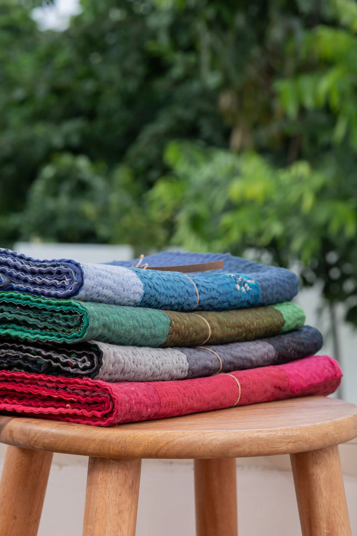 Landscape Fray Patch  vintage Kantha Runner - Green