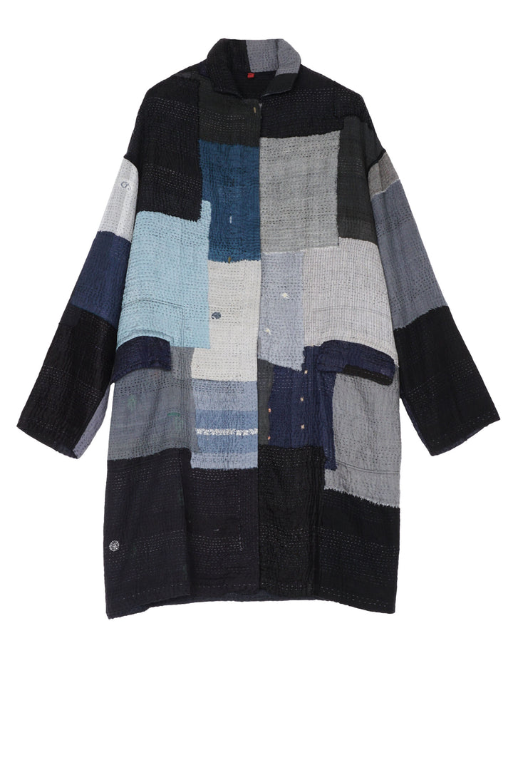 TWO TONE PATCH KANTHA LONG LINE JACKET - tn4059-blk -