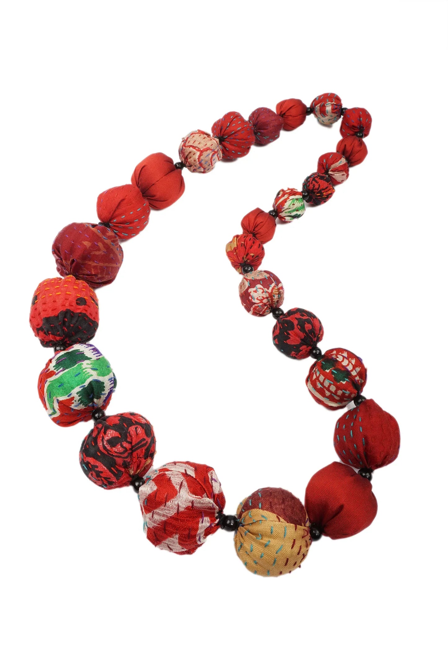 VINTAGE SILK KANTHA NUTS MEDIUM NECKLACE - sv2701-red -